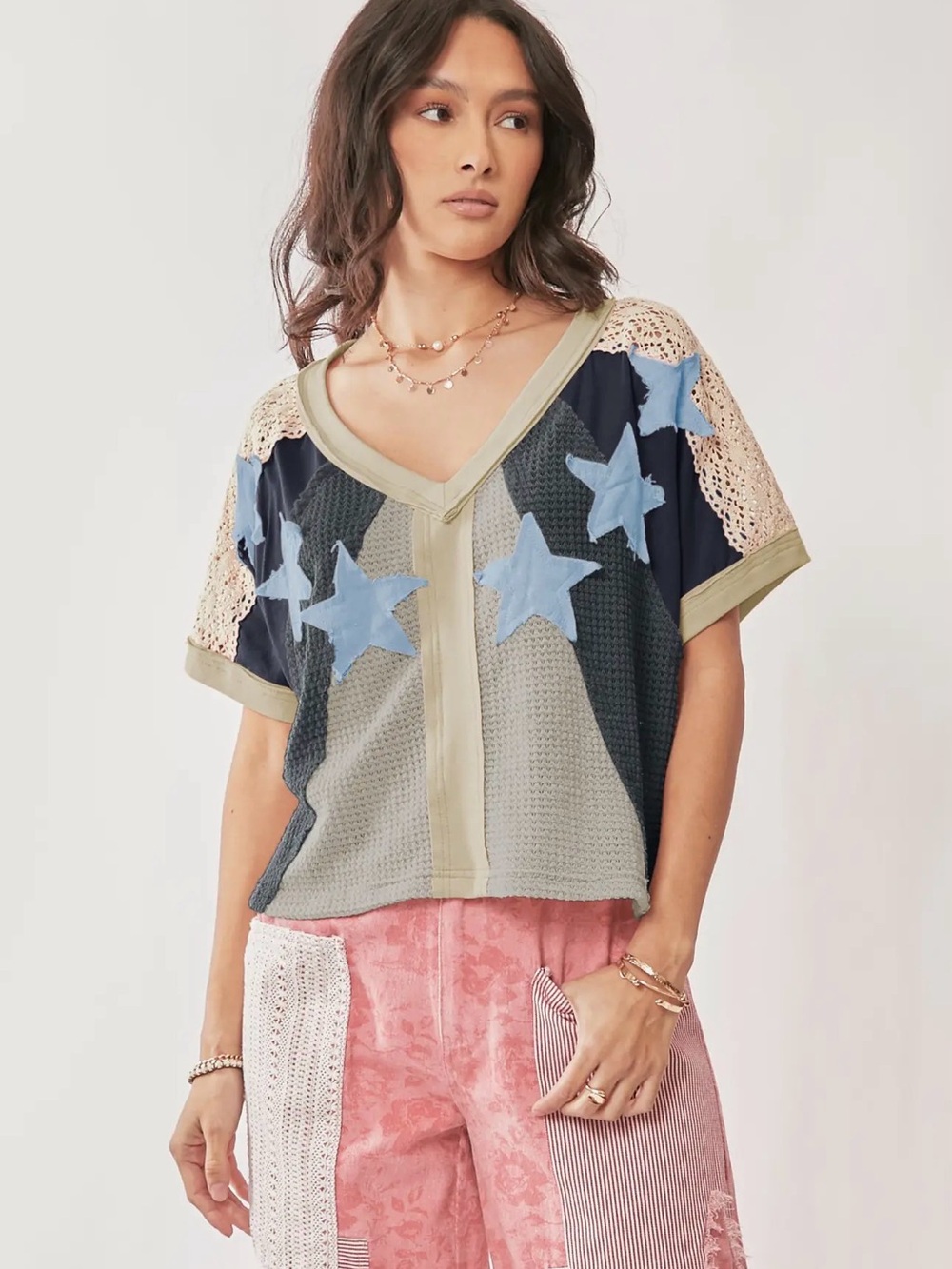 DAVI & DANI Star Patchwork V-Neck Top in Navy, Olive & Light Blue